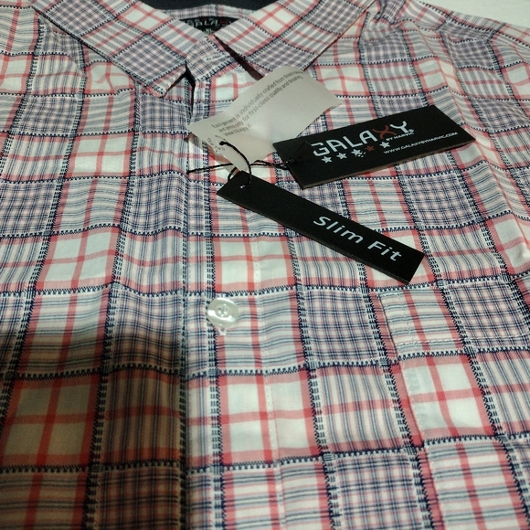 Galaxy by Harvic Pink,White, Blue Slim Fit Plaid Button Down Short Sleeve Shirt - Picture 2 of 12
